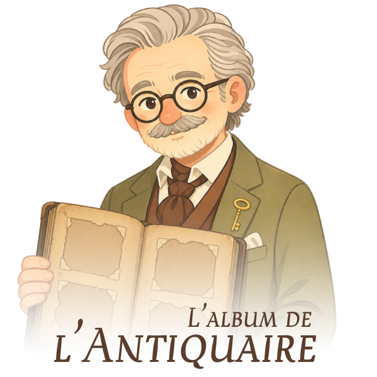 Gaston, antiquaire, tenant son album photographique ouvert.